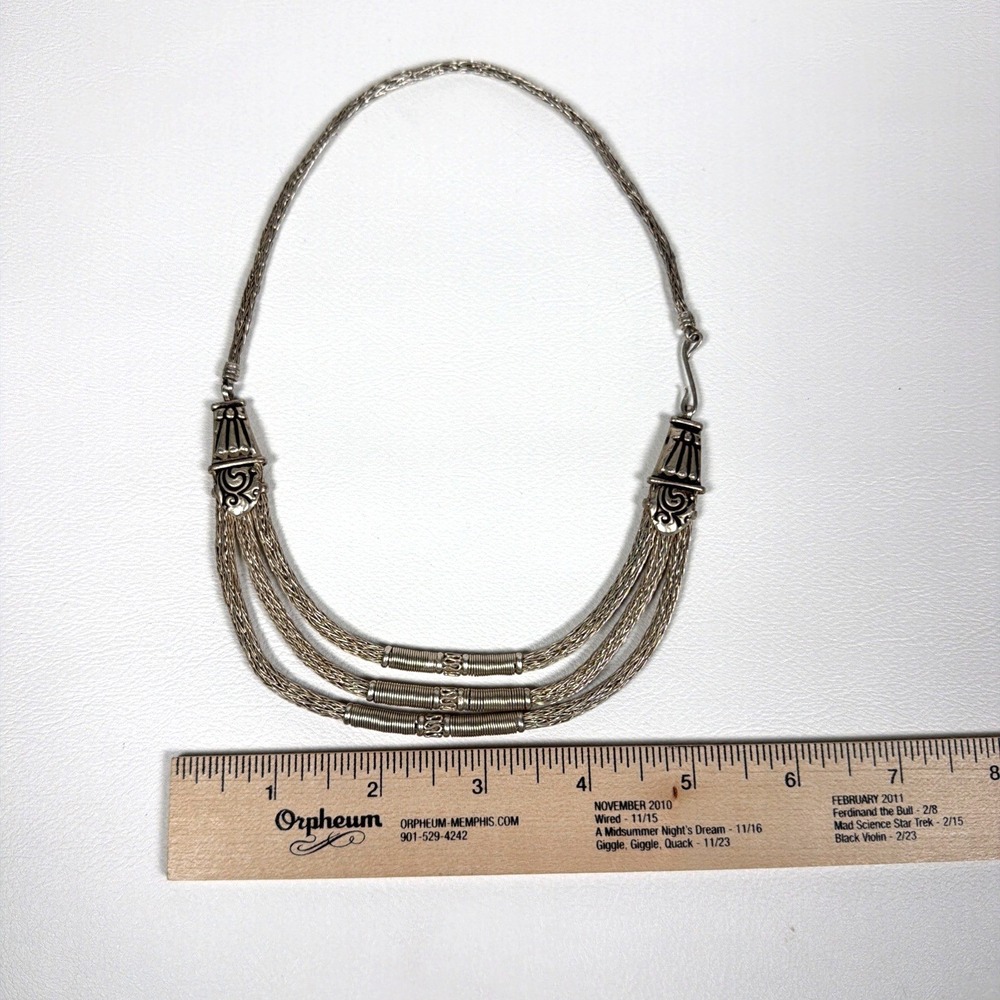 Vintage Artisan Silver Tone Woven Multi Strand Necklace 16-18" Ornate 36g Tribel - Picture 8 of 10